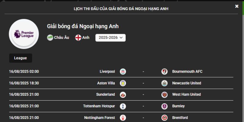 Lịch thi đấu ngoại hạng Anh ThapCamTV